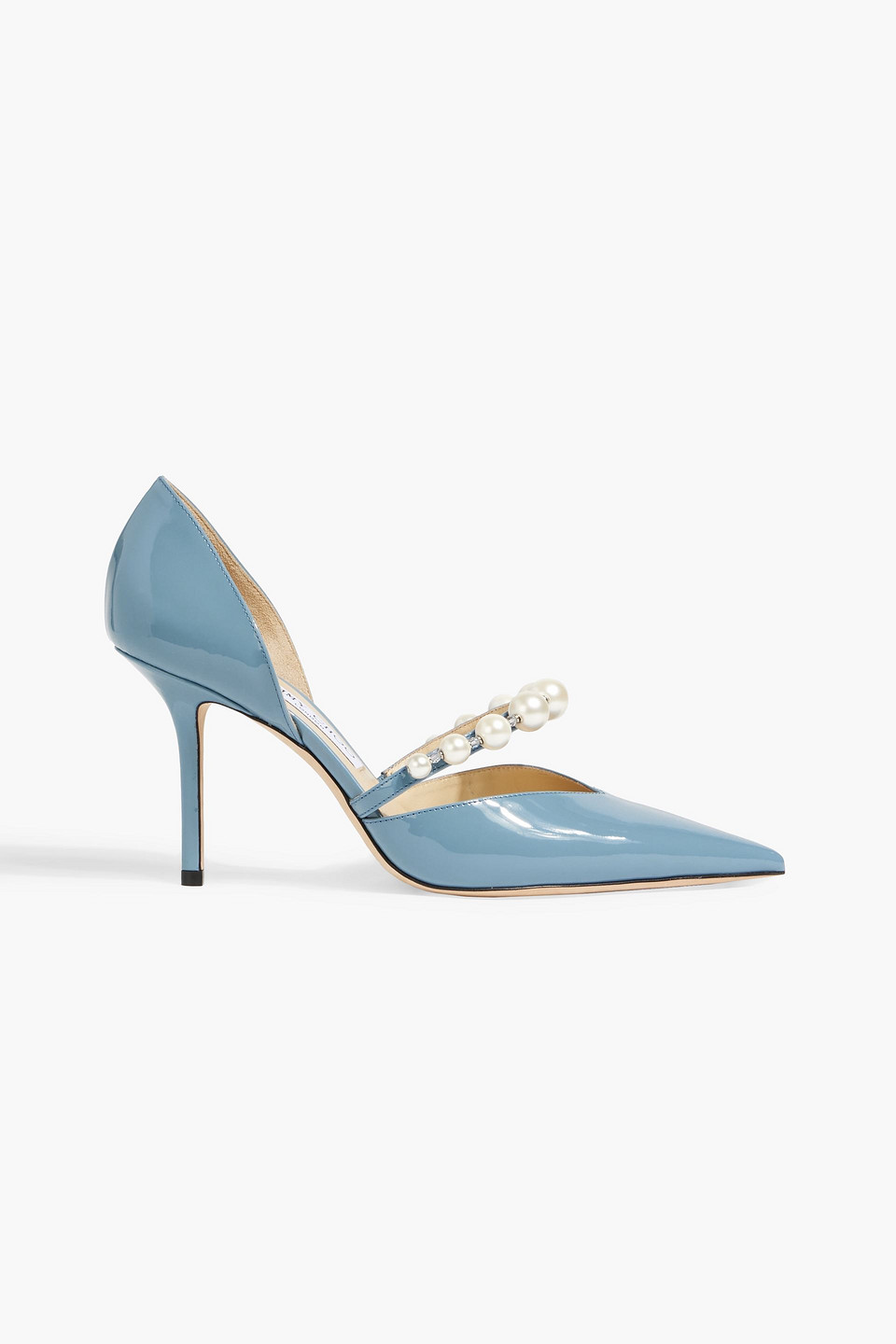 Shop Jimmy Choo Aurelie 85 Faux Pearl-embellished Patent-leather Pumps In Slate Blue