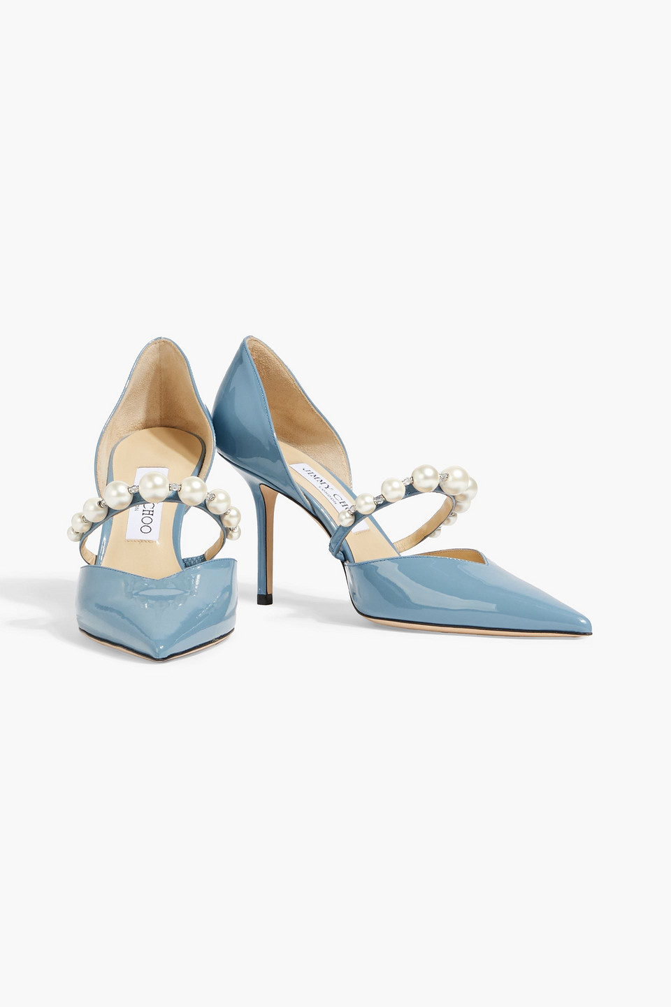 Shop Jimmy Choo Aurelie 85 Faux Pearl-embellished Patent-leather Pumps In Slate Blue