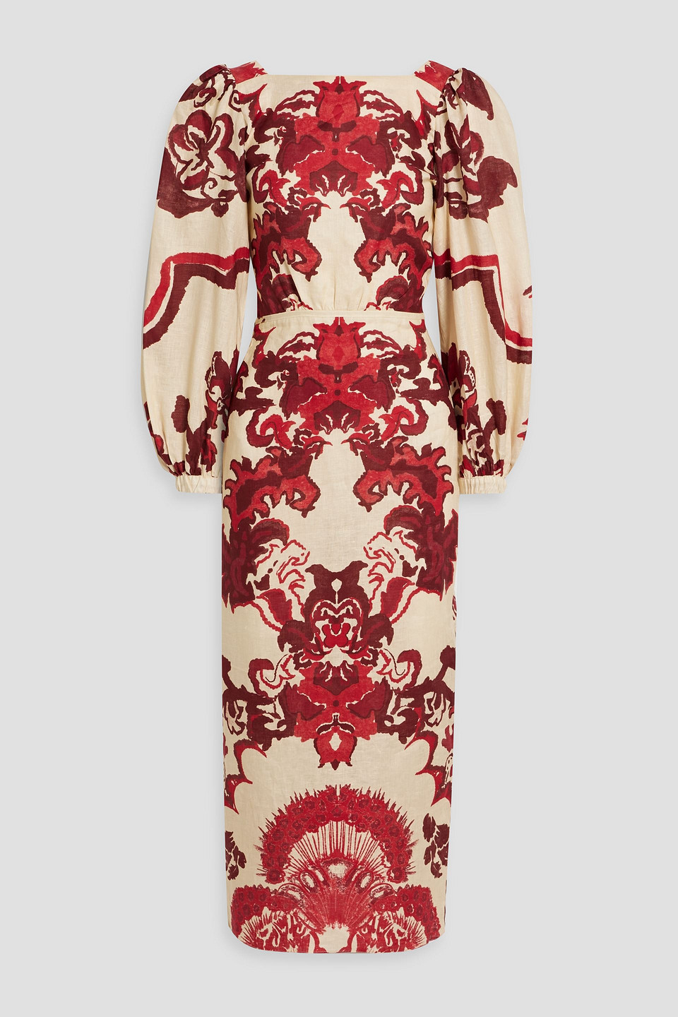 Johanna Ortiz Caribena Cutout Printed Linen Midi Dress In Crimson
