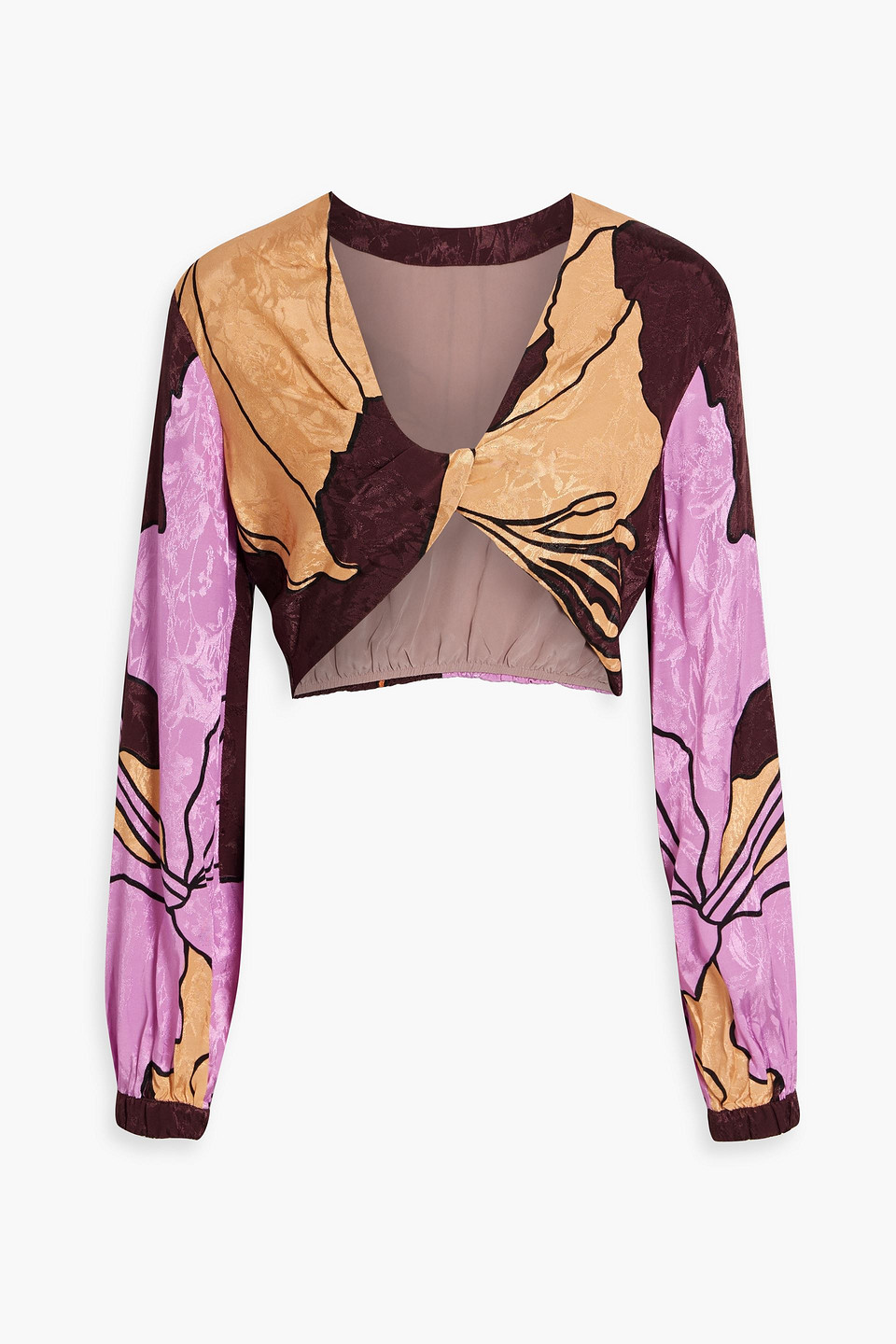 Wine Bemused cropped printed satin-jacquard top