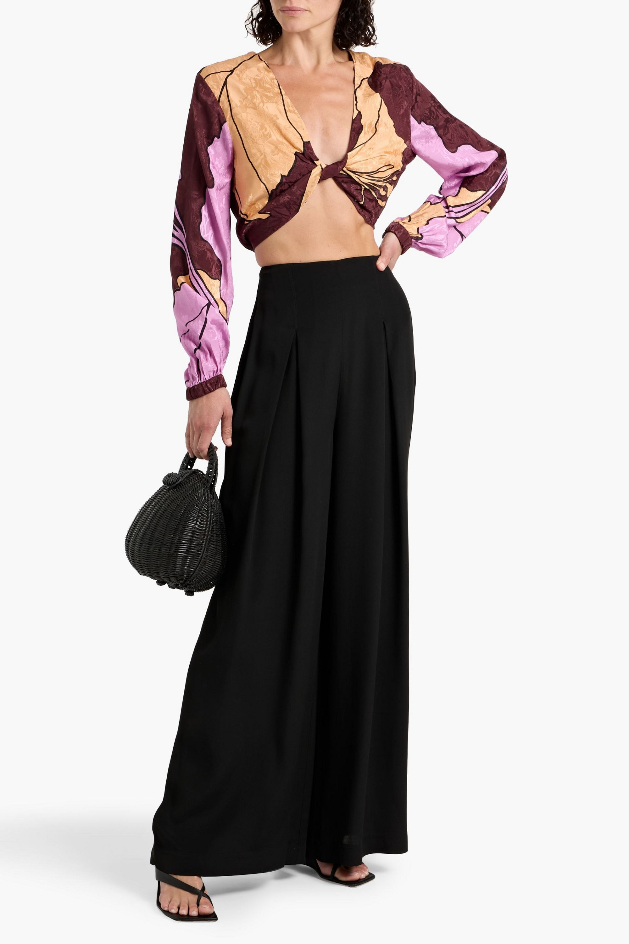 Johanna Ortiz Wine Bemused cropped printed satin-jacquard top