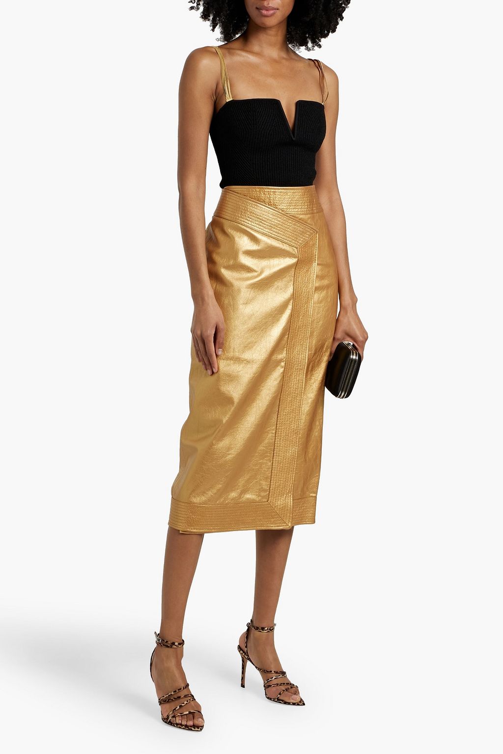 JOHANNA ORTIZ Gold Winter Scents wrap-effect metallic leather midi skirt