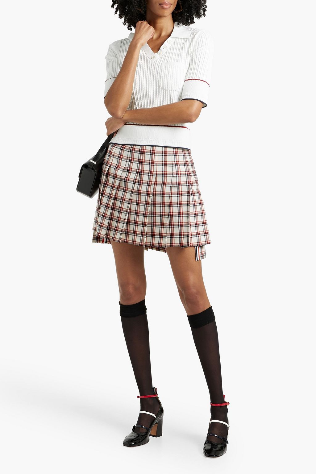THOM BROWNE Pleated checked wool-tweed mini skirt