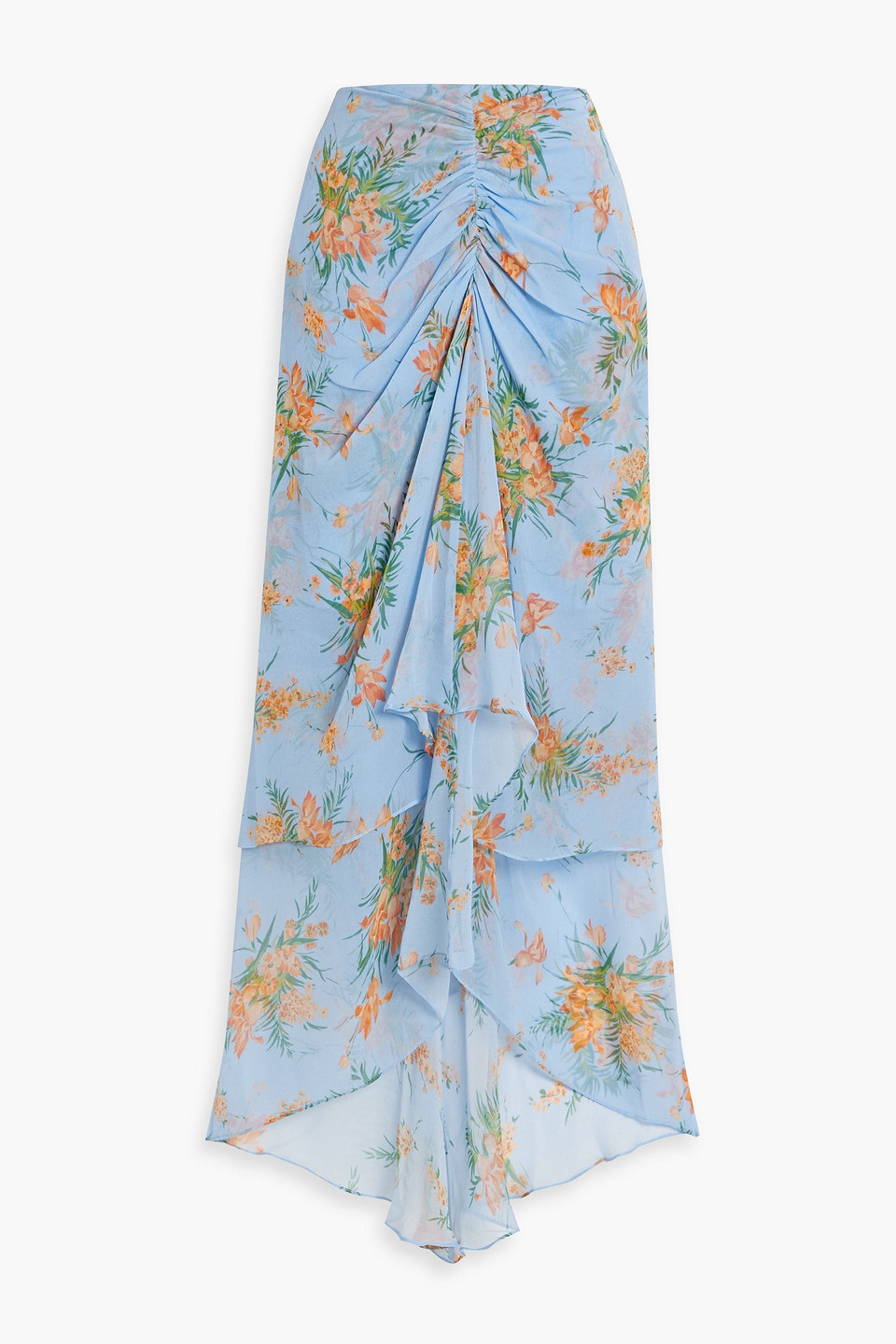 Veronica Beard Sira Ruched Floral-print Silk-chiffon Maxi Skirt In Light Blue