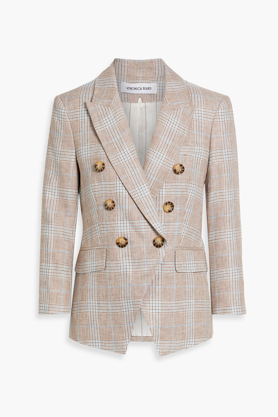 Veronica Beard Empire Double-breasted Prince Of Wales Checked Linen Blazer In Mushroom