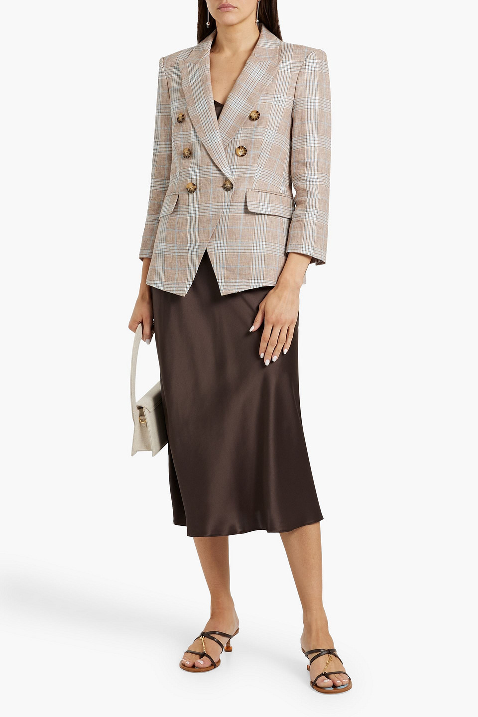 Veronica Beard Empire Double-breasted Prince Of Wales Checked Linen Blazer In Mushroom