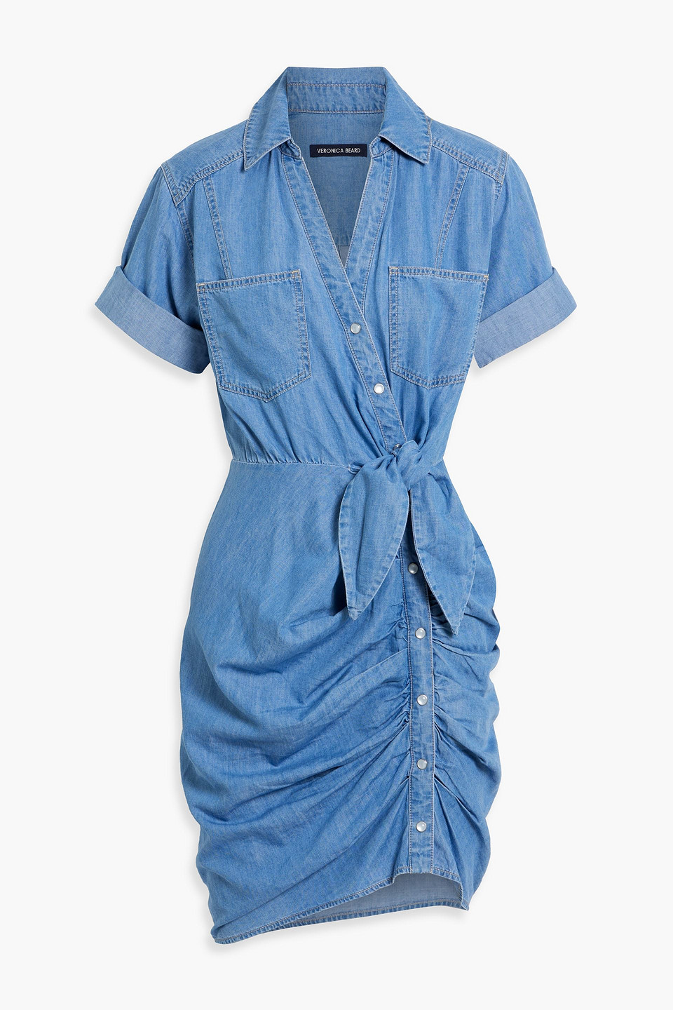 Veronica Beard Hensley Ruched Cotton And Lyocell-blend Mini Shirt Dress In Mid Denim