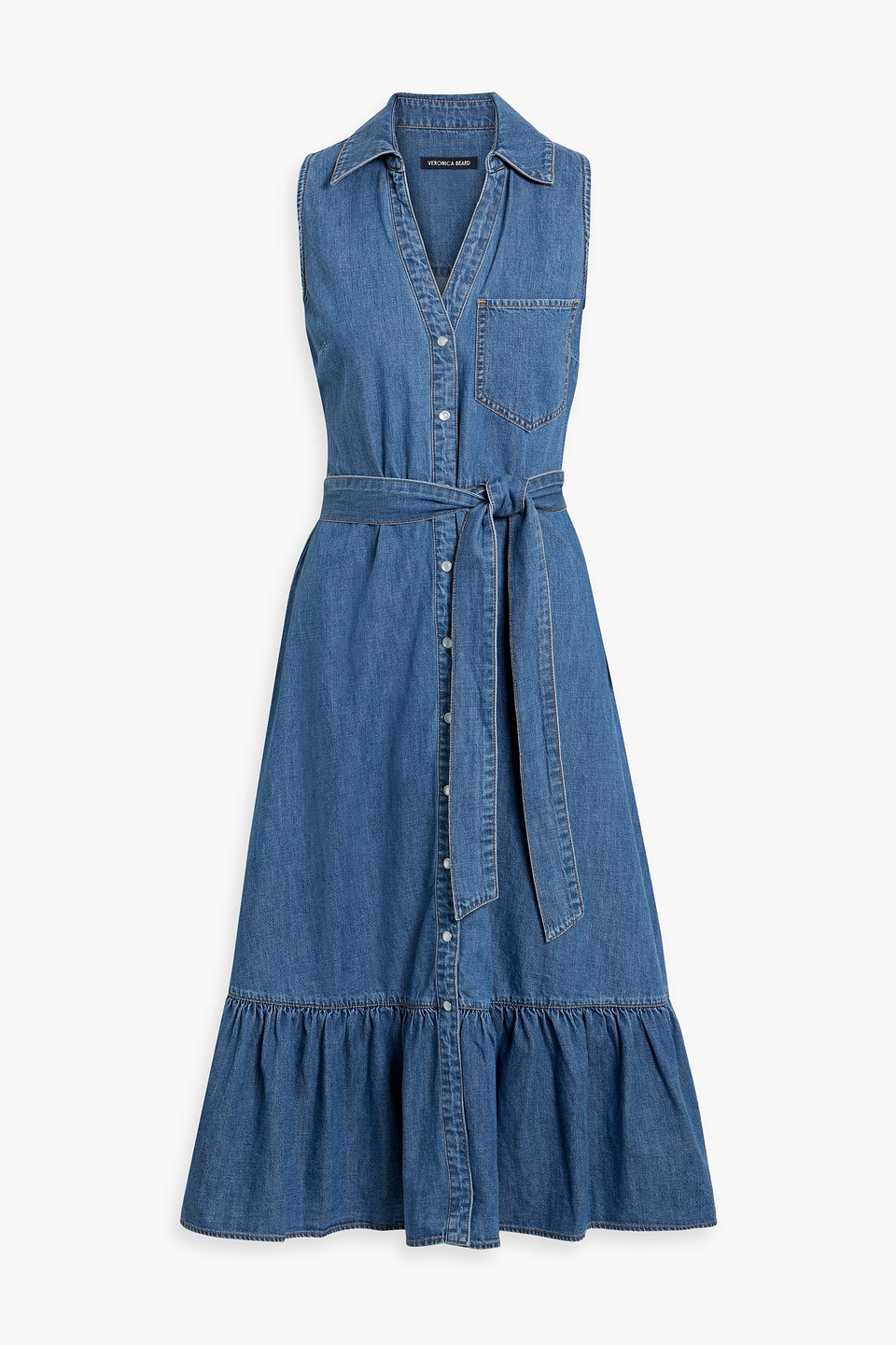 Veronica Beard Edwina Belted Denim Midi Shirt Dress In Mid Denim