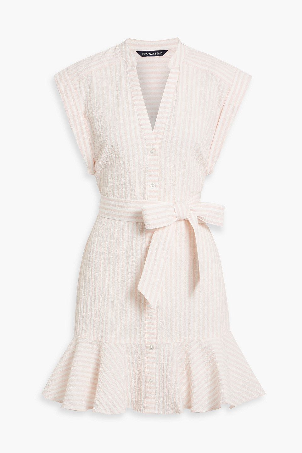 Veronica Beard Avella Ruffled Striped Cotton-blend Seersucker Mini Dress In Pastel Pink