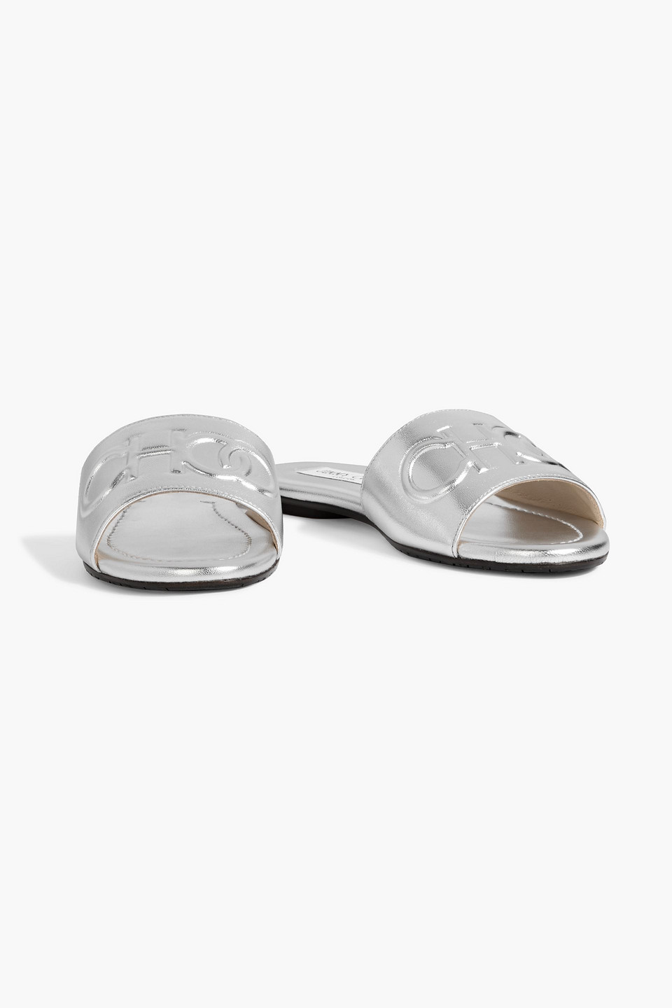 Jimmy Choo Tiaret Embossed Metallic Leather Slides In Silver