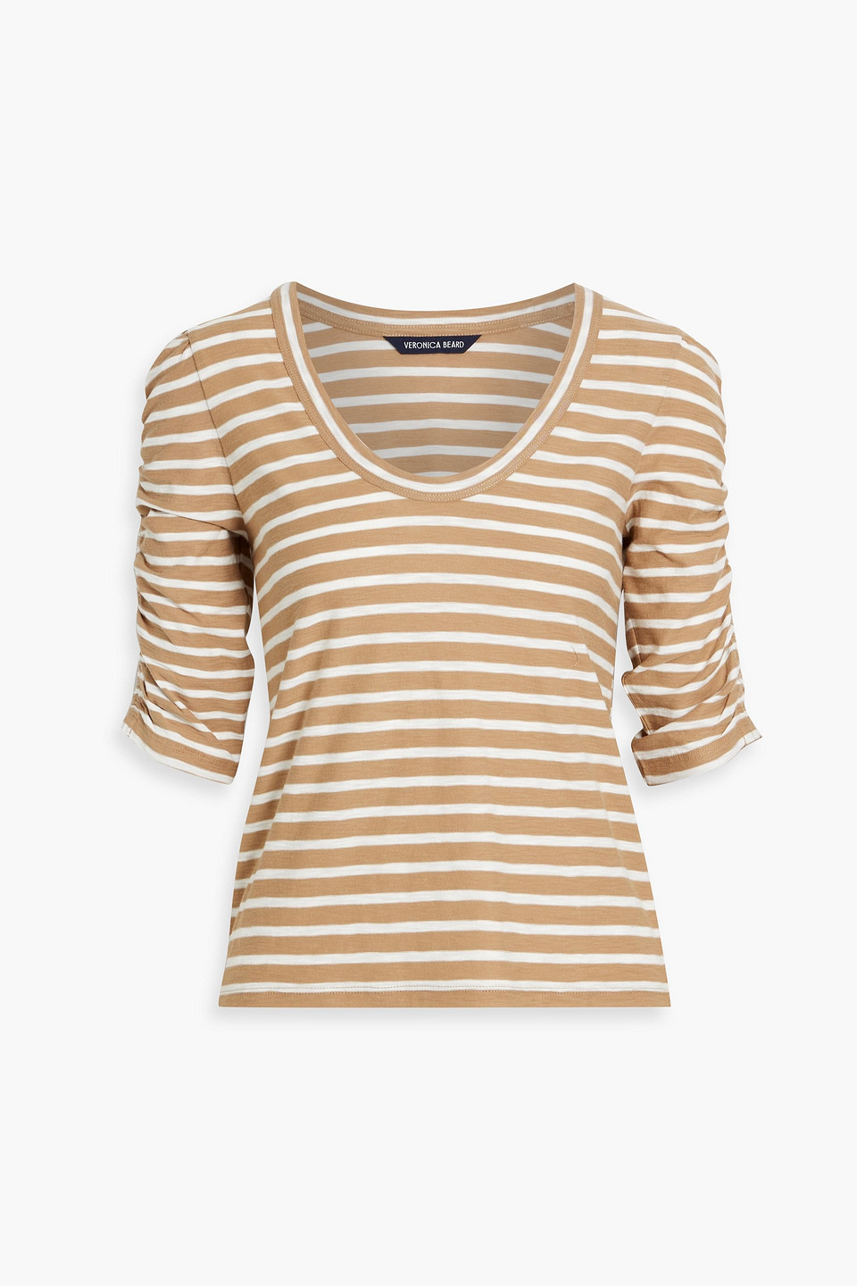 Veronica Beard Draya Button-embellished Striped Stretch Cotton-jersey T-shirt In Sand