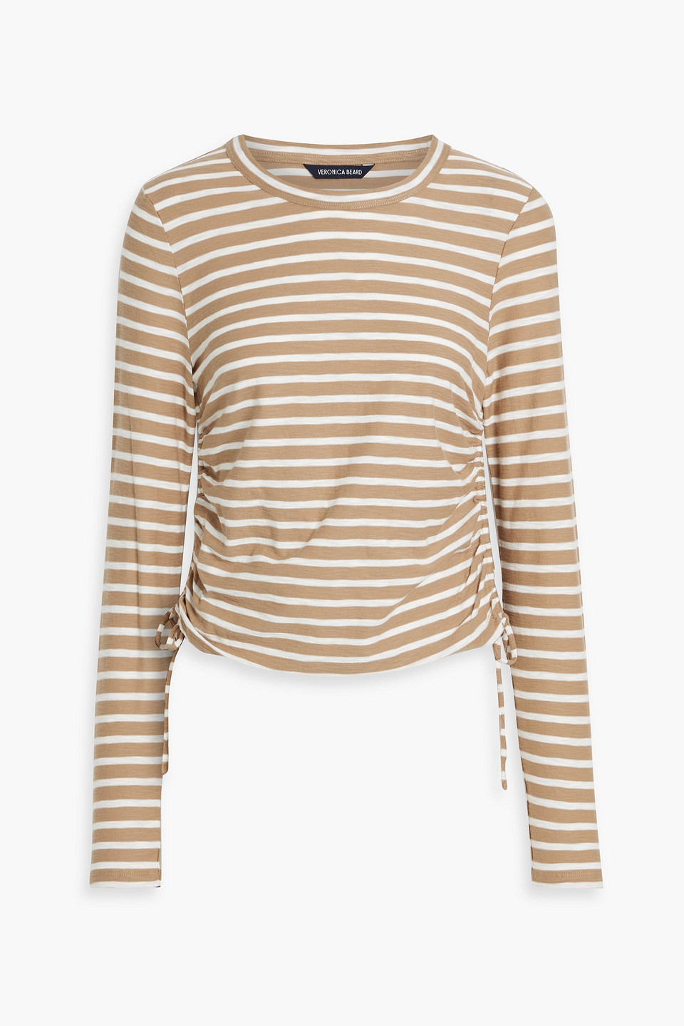 Veronica Beard Travis Ruched Striped Slub Pima Cotton-jersey Top In Sand