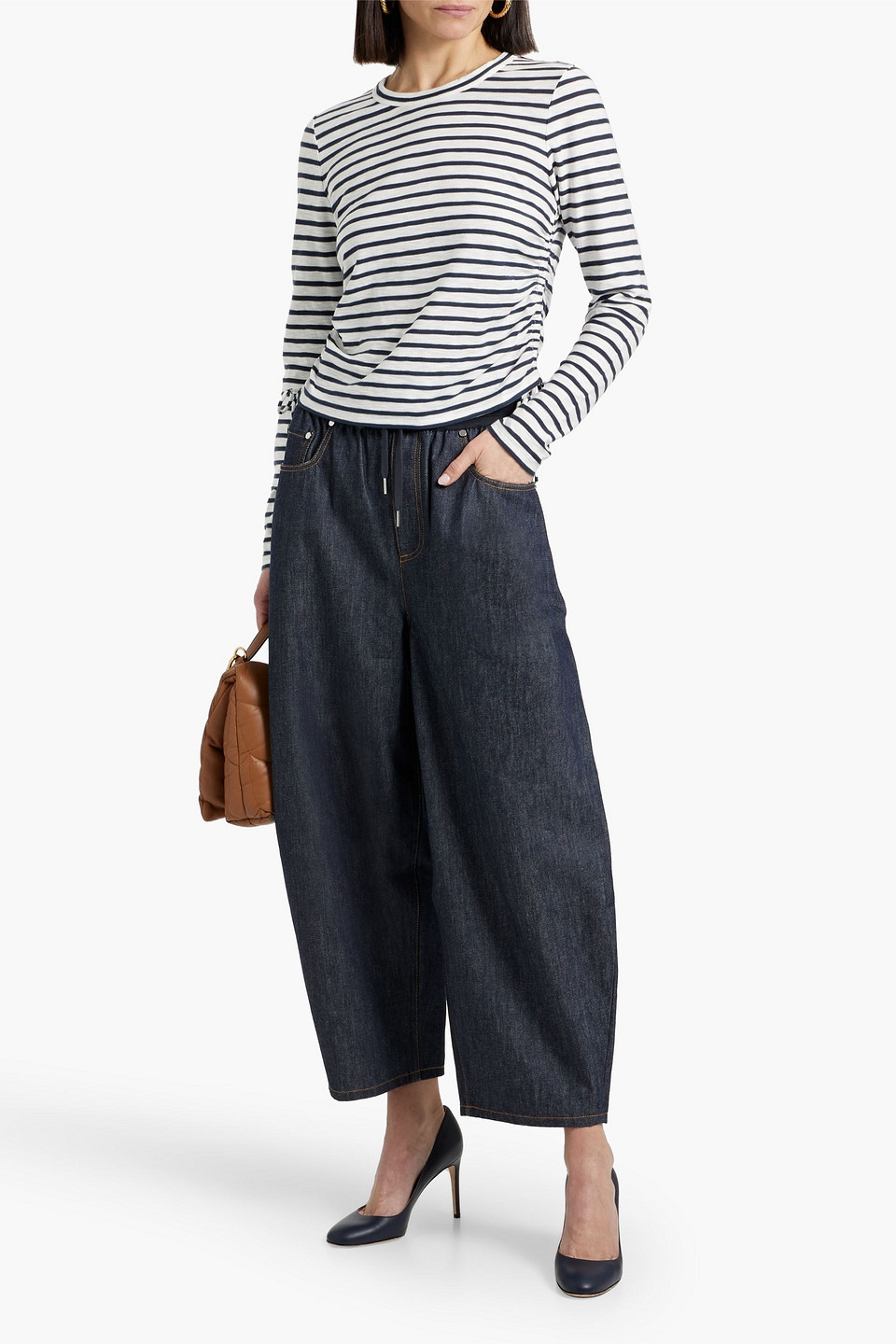 Veronica Beard Travis Ruched Striped Slub Pima Cotton-jersey Top In Off-white
