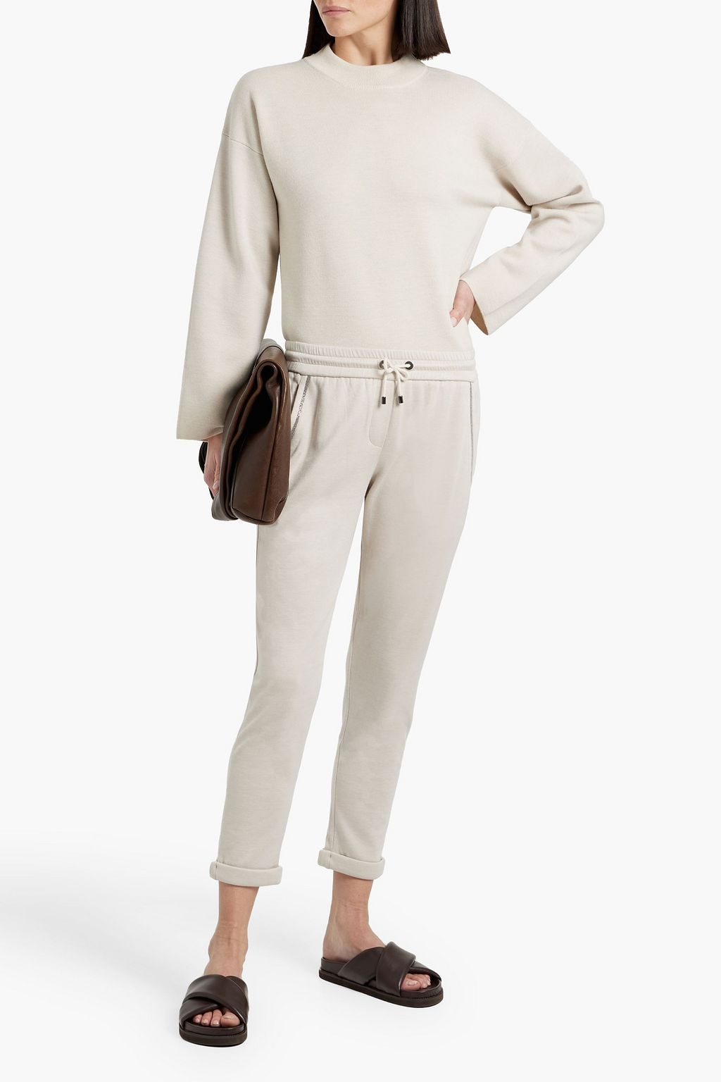 BRUNELLO CUCINELLI Bead-embellished cotton-blend jersey track pants