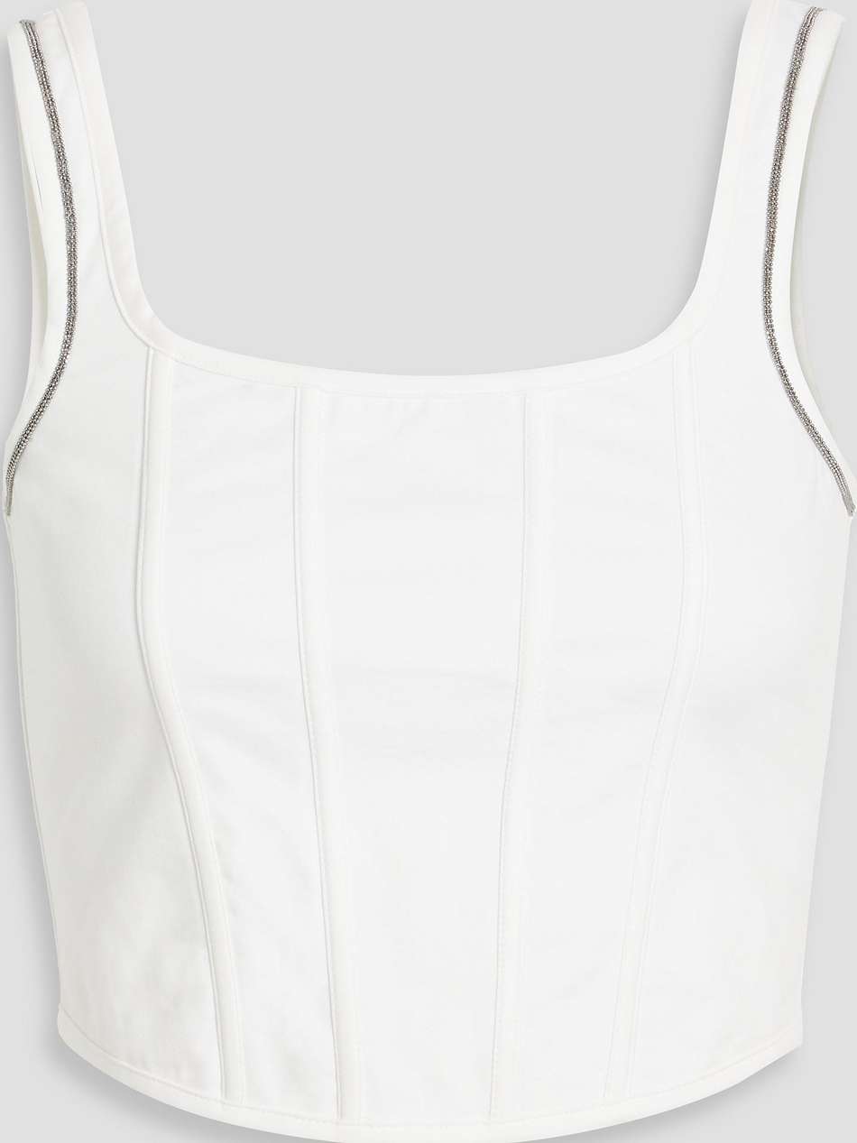 cropped bead-embellished cotton-blend piqué bustier top