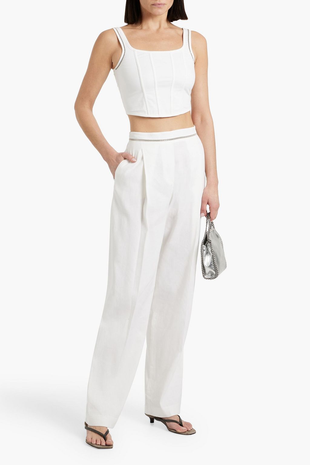 BRUNELLO CUCINELLI Cropped bead-embellished cotton-blend piqué bustier top