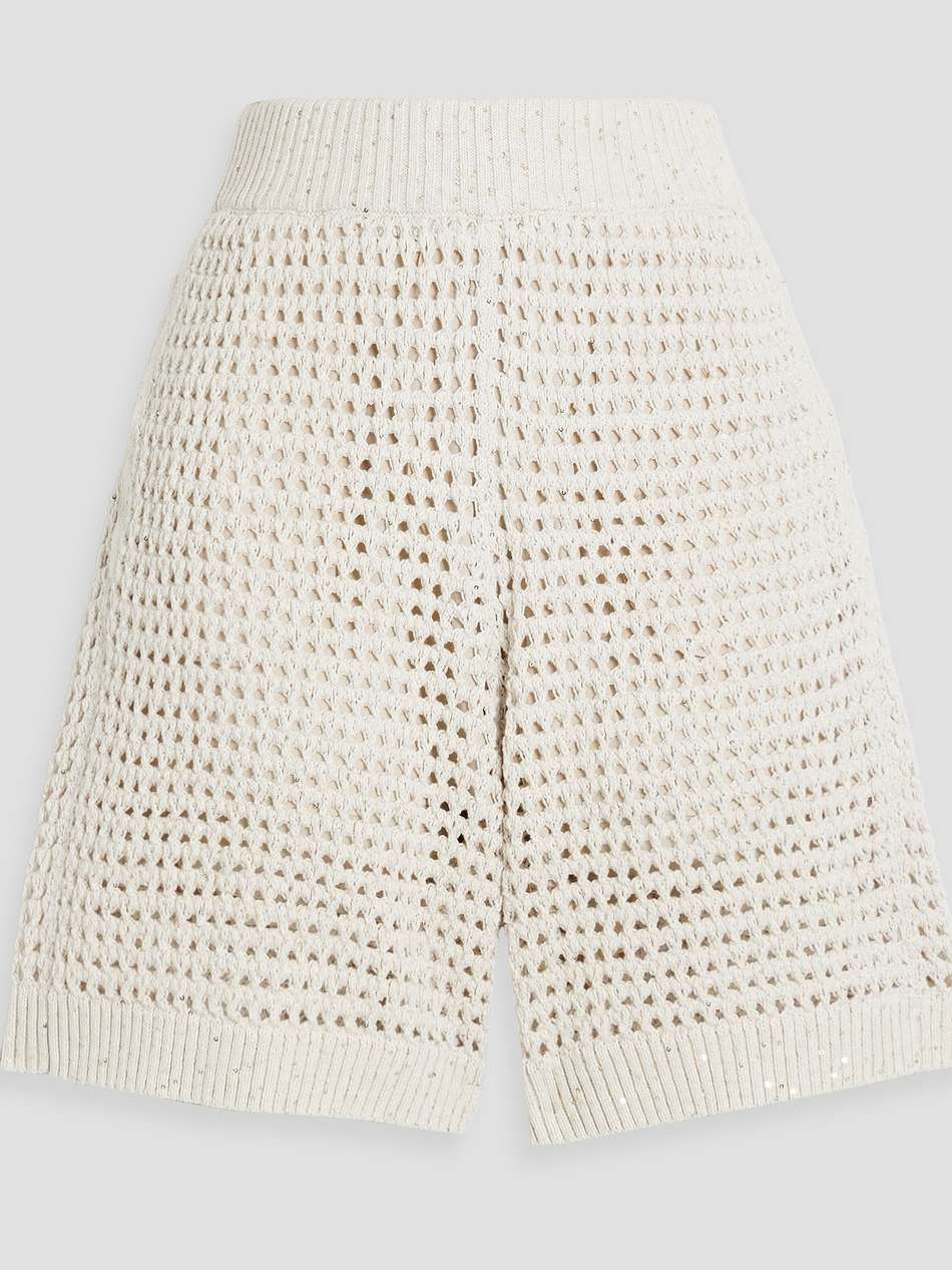 sequin-embellished open-knit cotton-blend shorts