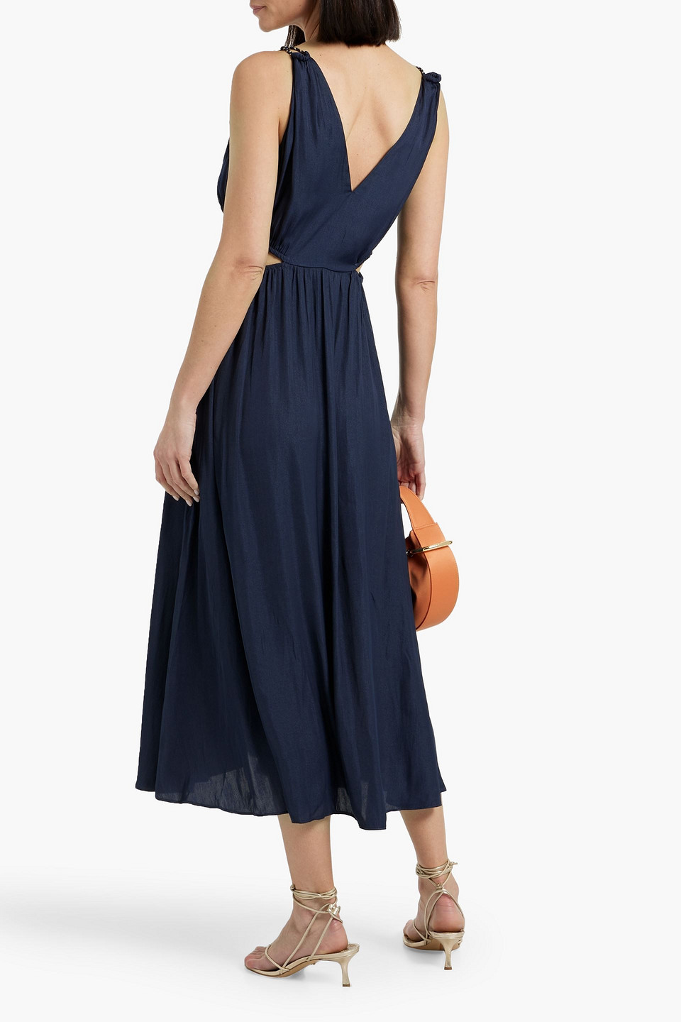 Shop Maje Cutout Satin Midi Dress In Navy