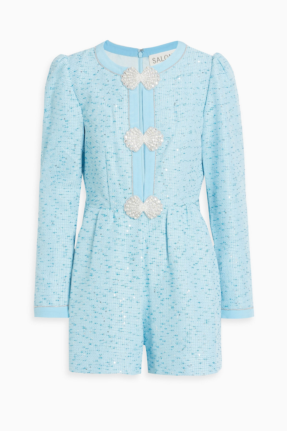 Saloni Camille Cutout Embellished Cotton-blend Tweed Playsuit In Light Blue