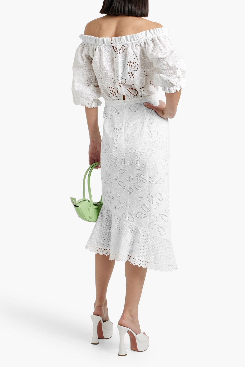 SALONI GRACE OFF-THE-SHOULDER BRODERIE ANGLAISE COTTON MIDI DRESS