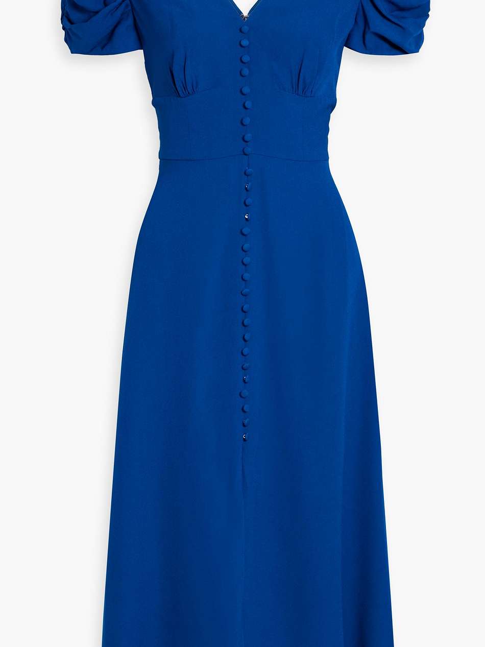 margot ruched crepe midi dress