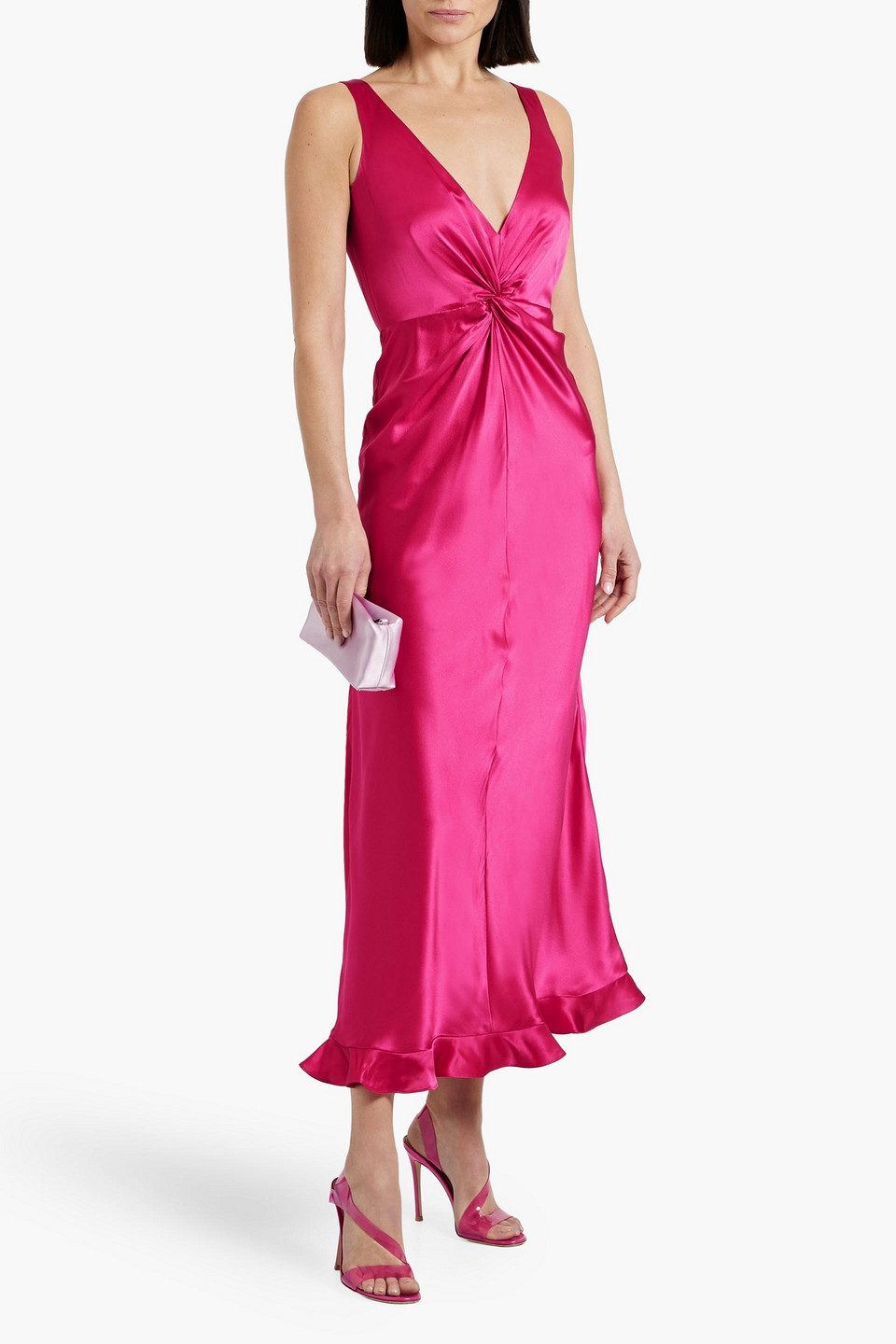 Saloni Fia Twist-front Silk-satin Maxi Dress In Bright Pink