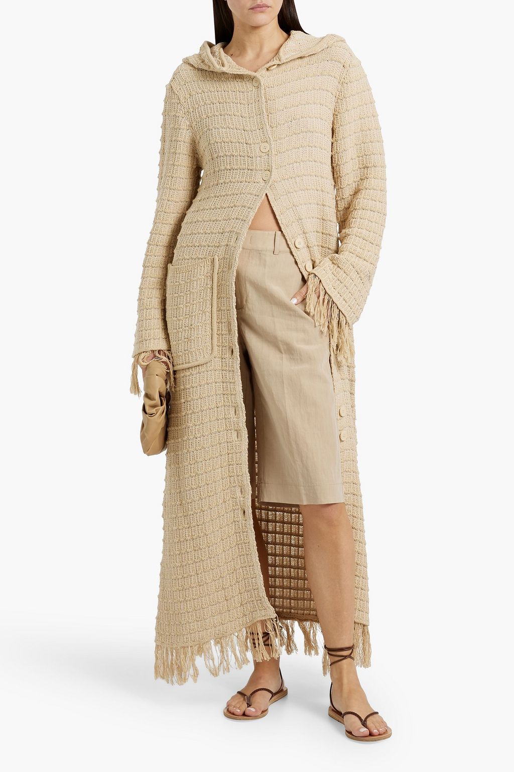 BY MALENE BIRGER كارديغان "تالولا" بغطاء رأس من مزيج القطن بحبكة الكروشيه مع بحوف منسّلة