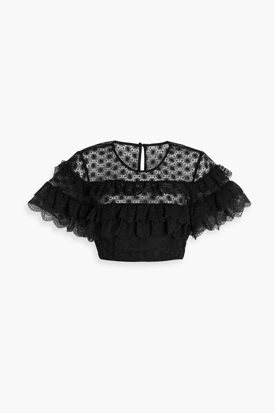 Saloni Honeycomb Cropped Ruffled Lace Top In Black