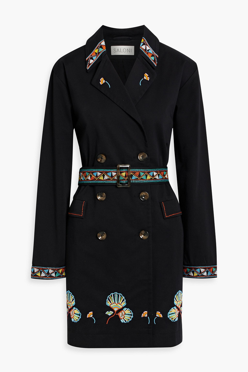 Saloni Summer Embellished Cotton-blend Twill Trench Coat In Black