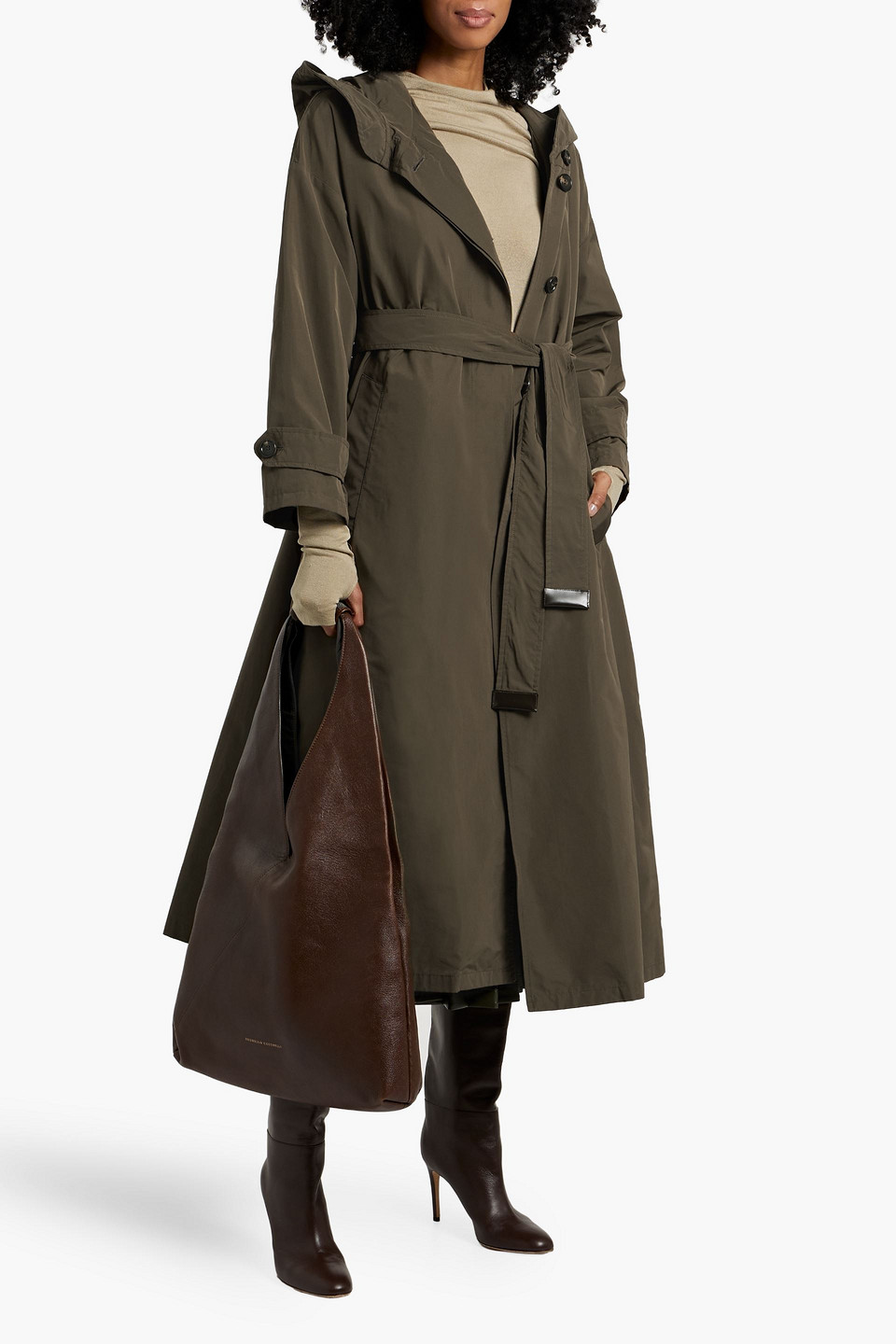 Max Mara Belted Shell Hooded Rain Coat In Green