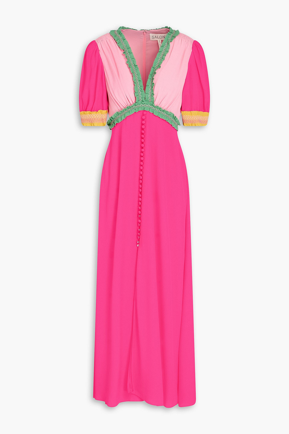 Saloni Lea Ruffled Colour-block Crepe Maxi Dress In Pink