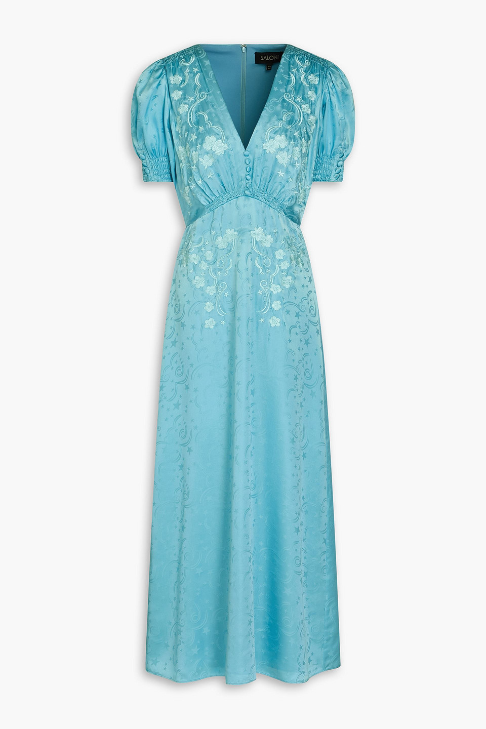 Saloni Lea Embroidered Silk-satin Jacquard Midi Dress In Turquoise