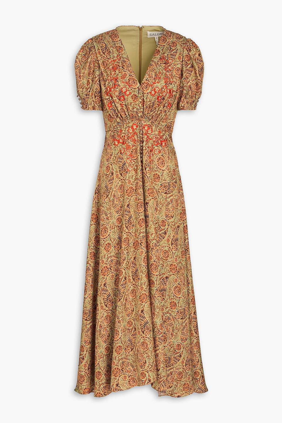 Saloni Lea Embroidered Printed Silk-satin Jacquard Maxi Dress In Sage Green