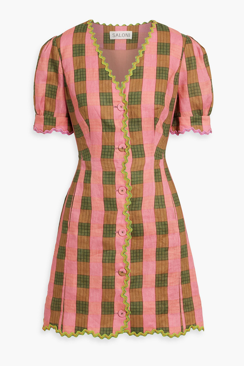 Saloni Marlee Checked Linen Mini Dress In Pink