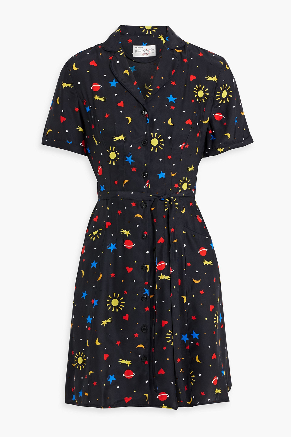 Hvn Maria Printed Silk Mini Shirt Dress In Black