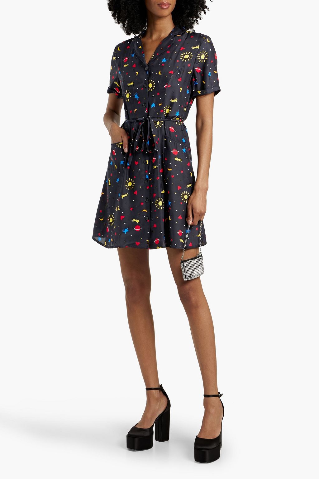 HVN Maria printed silk mini shirt dress