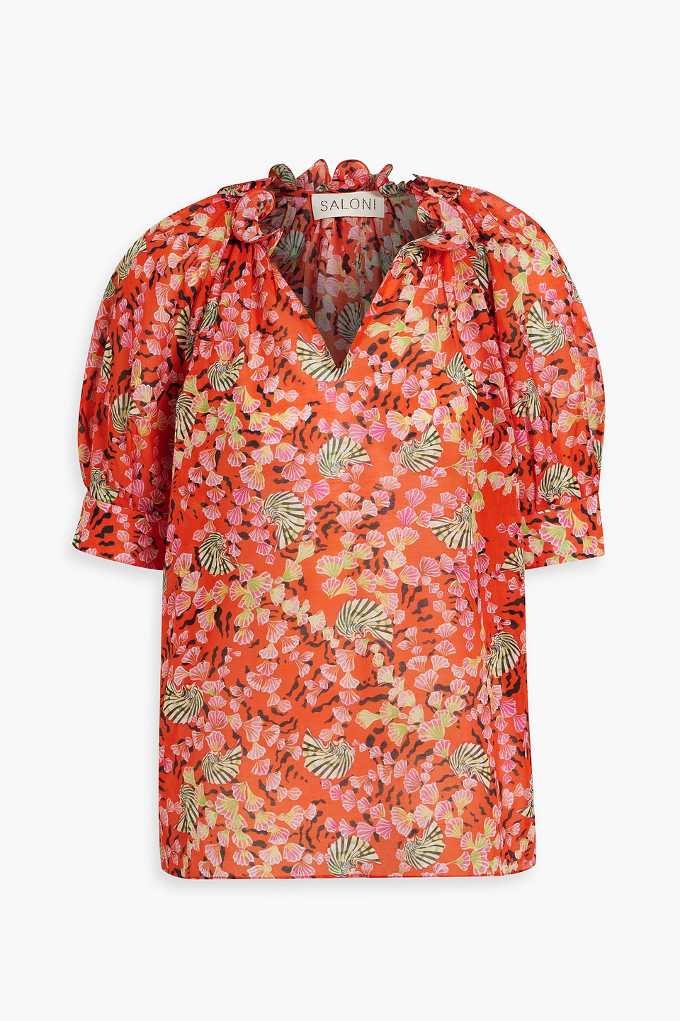 Saloni Josie Printed Cotton And Silk-blend Voile Top In Papaya