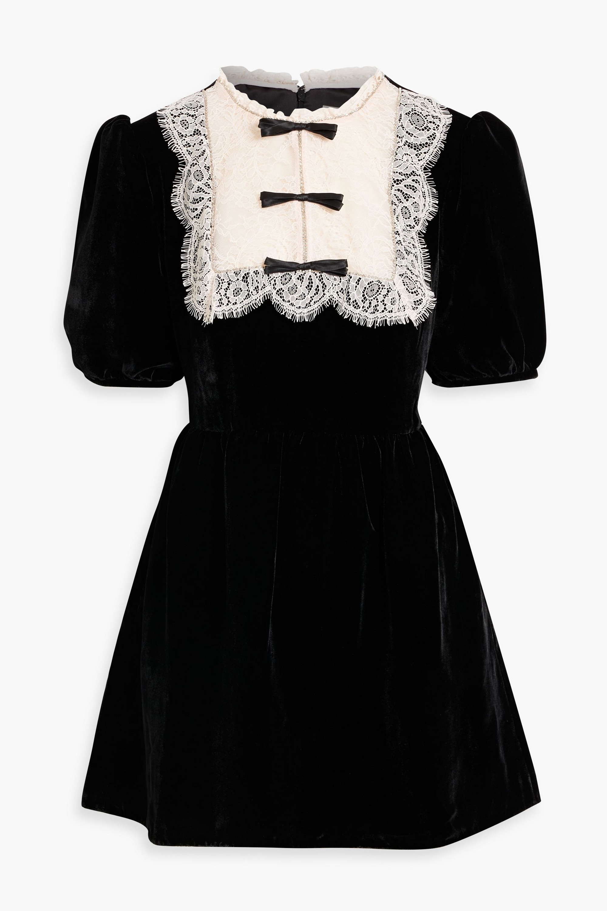Saloni Cherie lace-trimmed embellished velvet mini dress