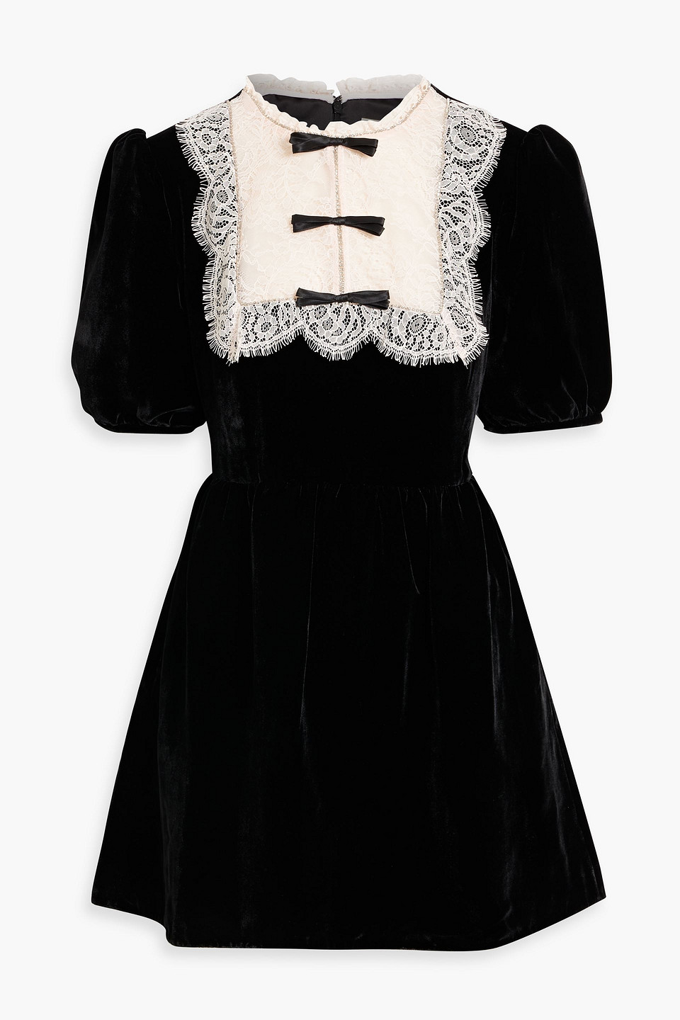 Saloni Cherie Lace-trimmed Embellished Velvet Mini Dress In Black