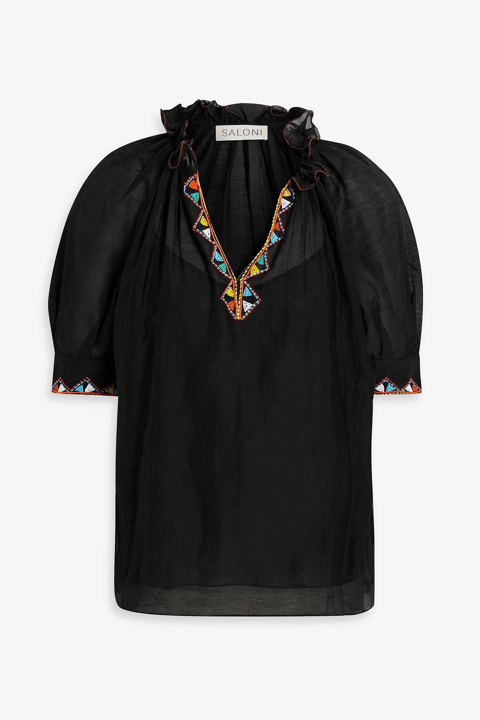 Saloni Josie Bead-embellished Cotton And Silk-blend Voile Top In Black