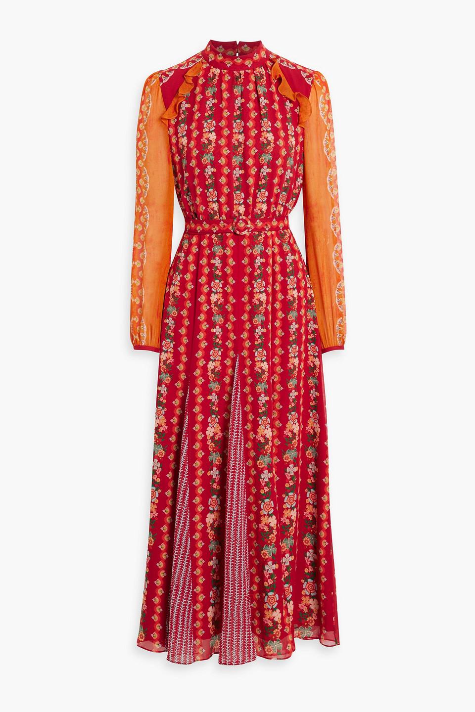 Saloni Jacqui-b Belted Printed Silk-georgette Maxi Dress In Red