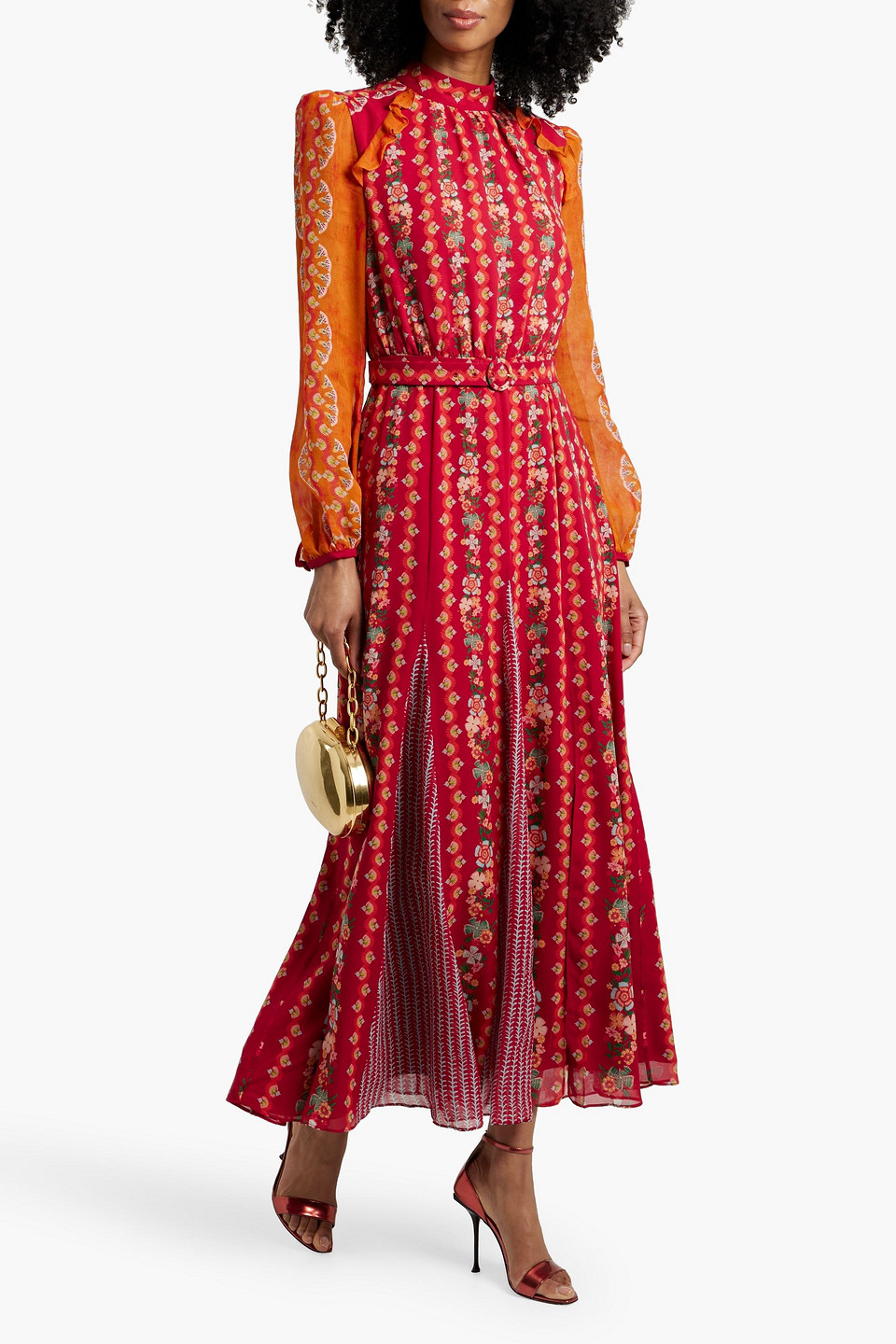 Shop Saloni Jacqui-b Belted Printed Silk-georgette Maxi Dress In Red
