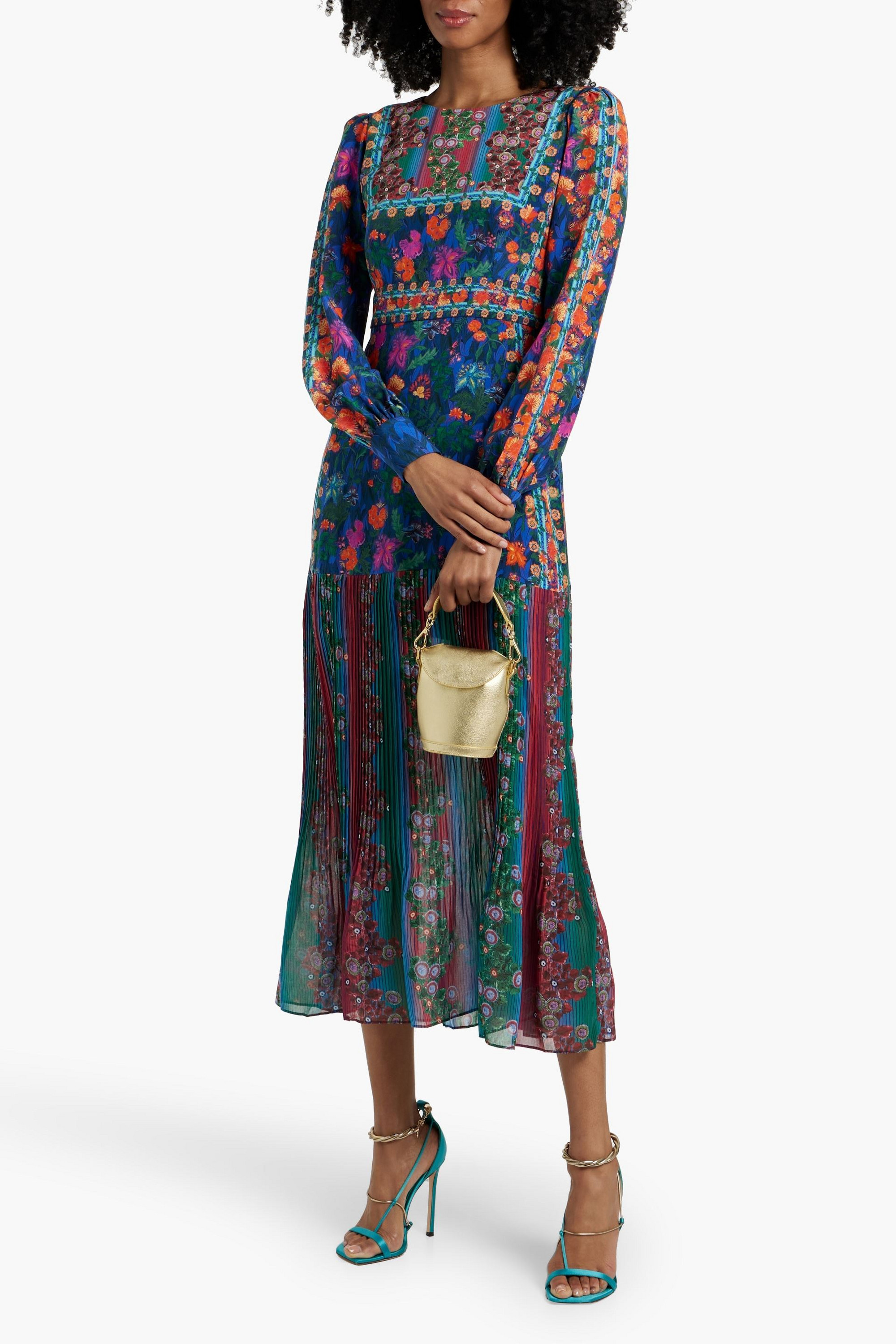 Saloni Vera floral-print chiffon-paneled silk-crepe de chine midi dress