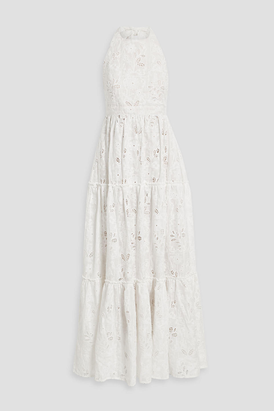 Agua By Agua Bendita Naranja Pradera Tiered Broderie Anglaise Linen Halterneck Maxi Dress