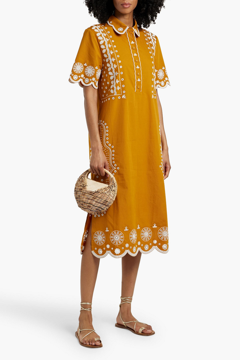 Saloni Dree Broderie Anglaise Cotton Midi Shirt Dress In Marigold
