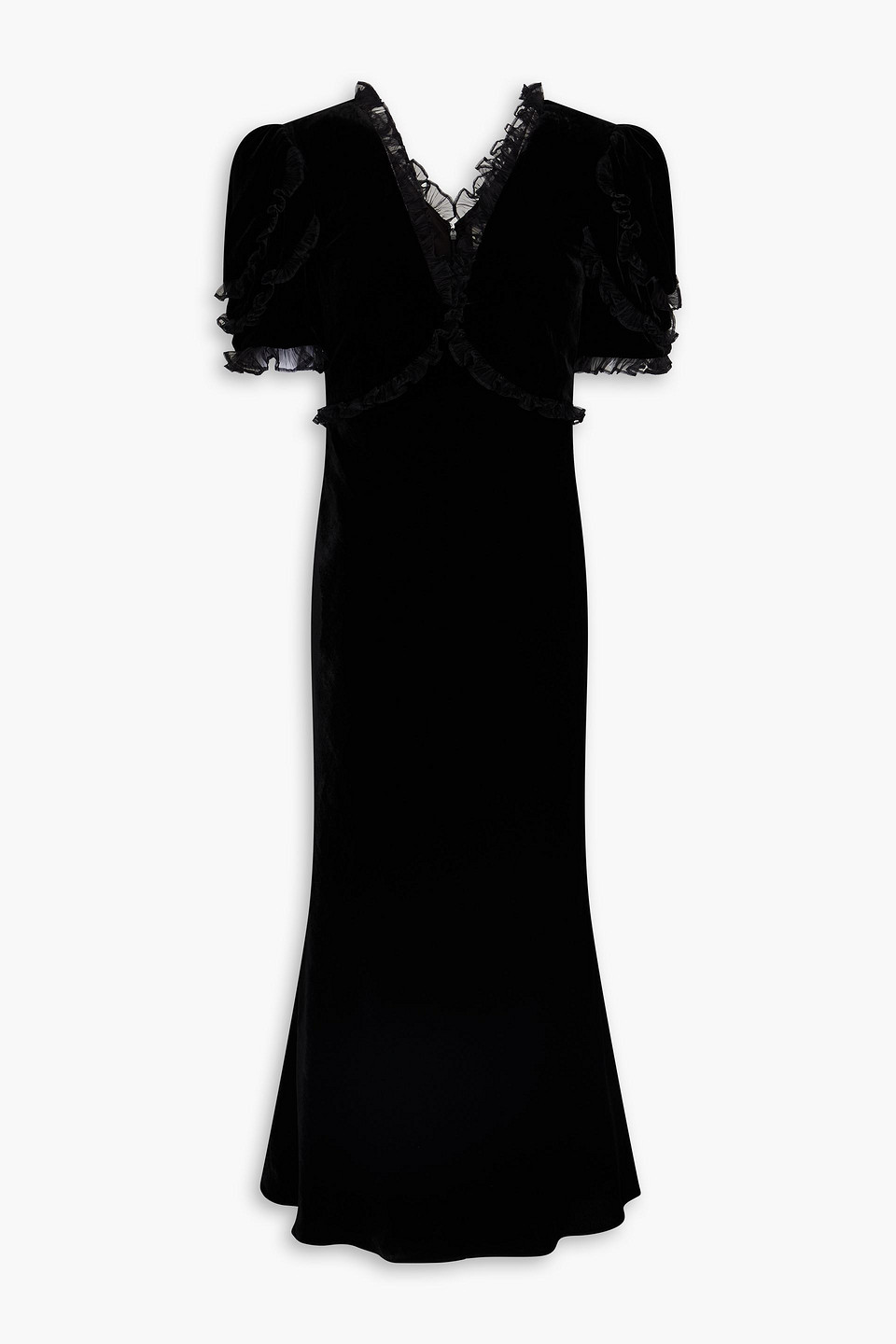 Saloni Anais Ruffled Velvet Midi Dress In Black