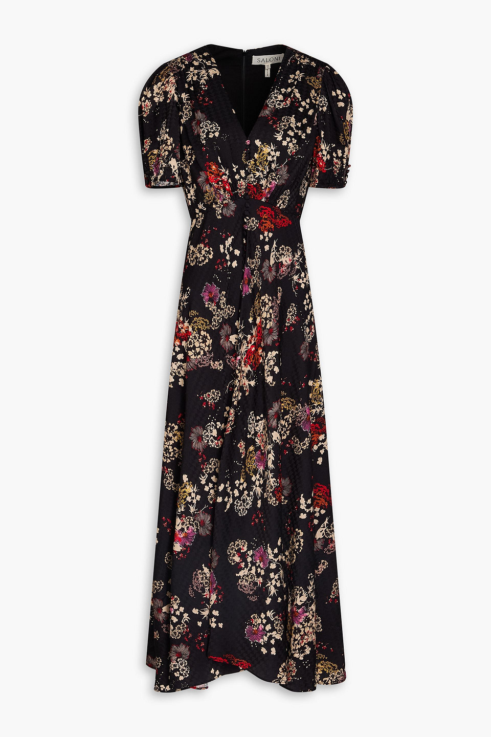 Saloni Lea Floral-print Silk-satin Jacquard Maxi Dress In Black