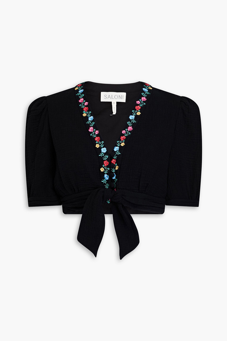 Saloni Jamie Cropped Embroidered Cotton-gauze Top In Black