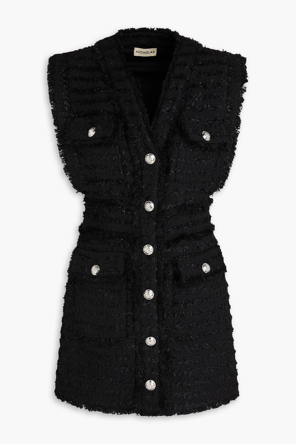 nicholas - frayed bouclé-tweed mini dress - black - us 6