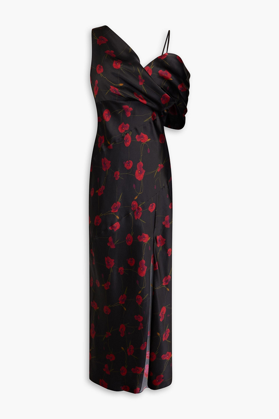 Nicholas Off-the-shoulder Floral-print Silk-blend Satin Midi Dress In Black